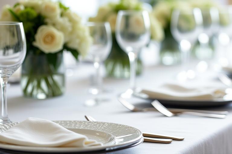 Elegante Tischdekoration mit frischen Blumen, feinem Geschirr und Weingläsern