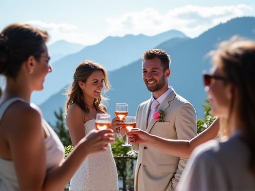 Brautpaar stösst mit Gästen auf einer Terrasse mit Alpenpanorama an