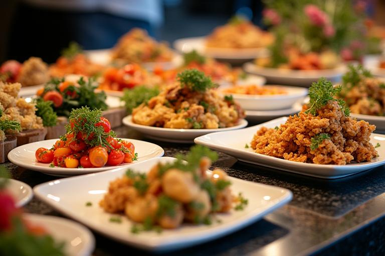 Reichhaltiges Buffet mit diversen kalten und warmen Speisen, elegant präsentiert