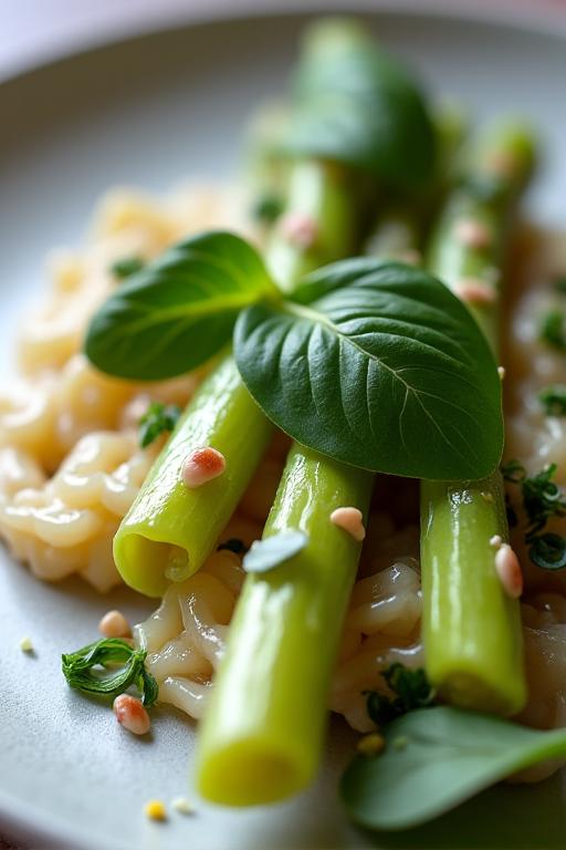 Detailaufnahme eines kunstvoll angerichteten Vorspeisentellers mit Spargel und Kräutern