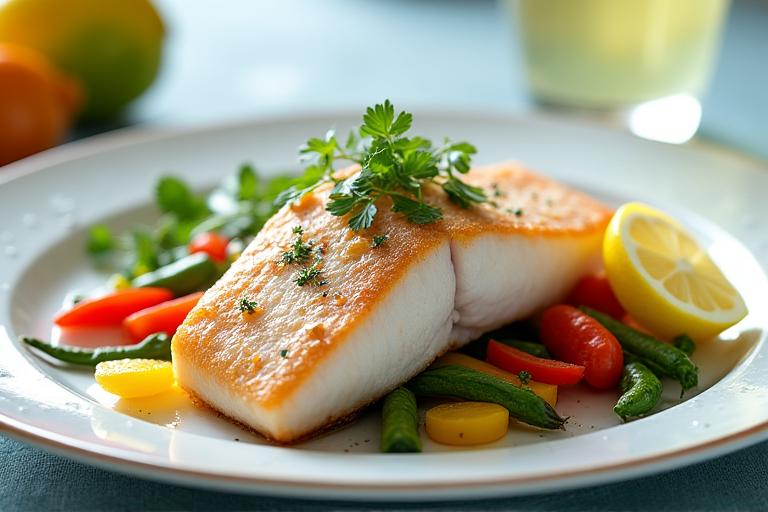 Teller mit leichtem Fischgericht und Sommergemüse